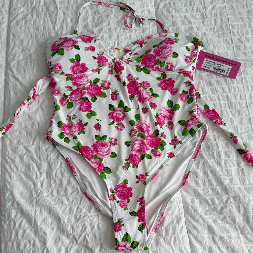 Betsey Johnson White One-Piece Swimsuit with Pink Rose Print